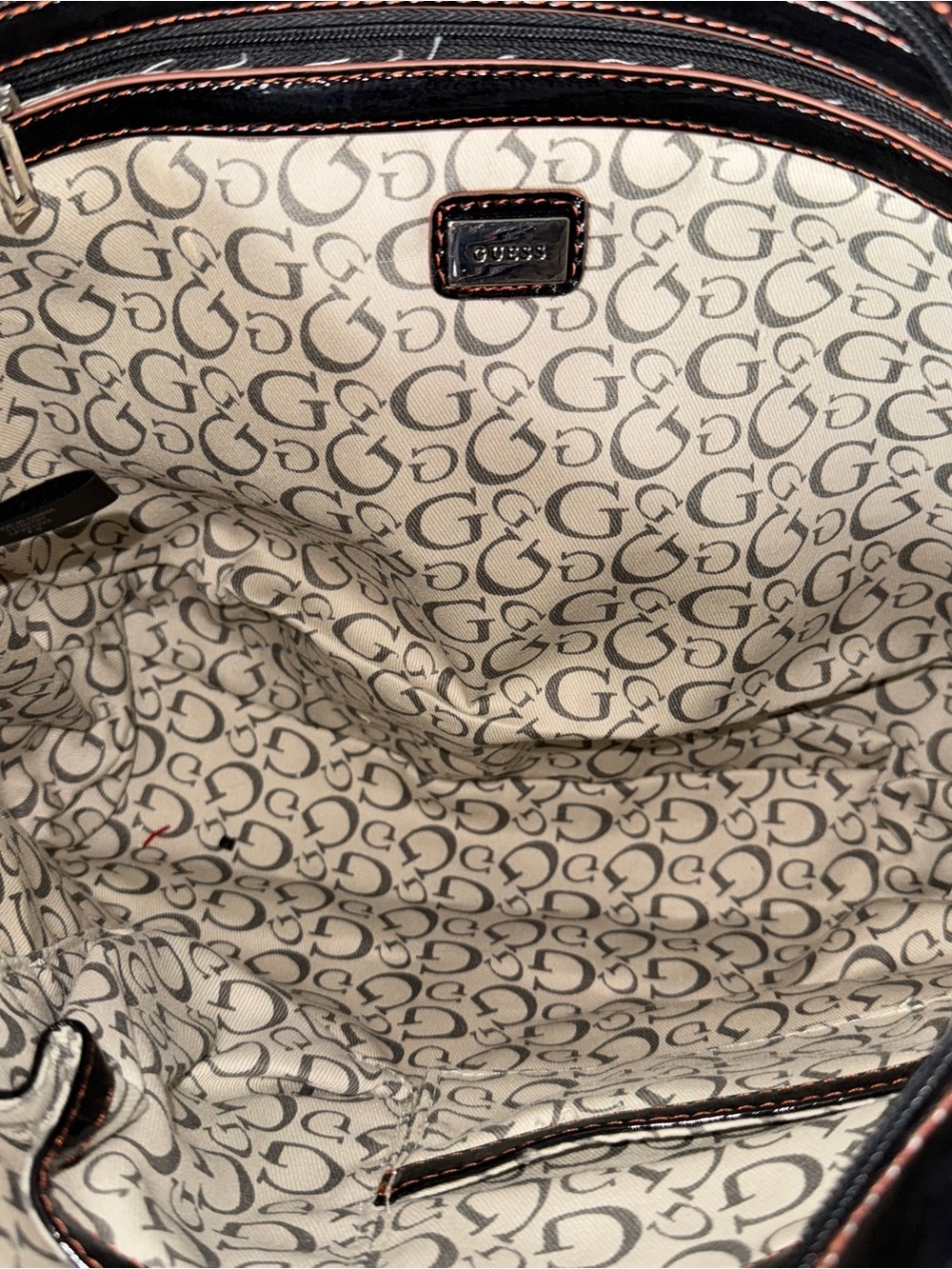 Guess Leopard Patent Leather Diamond Logo Shoulder Tote Bag Black Brown - Picture 7 of 8